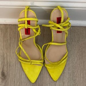 LONDON REBEL sunflower yellow suede pointy toed strappy heeled sandal.